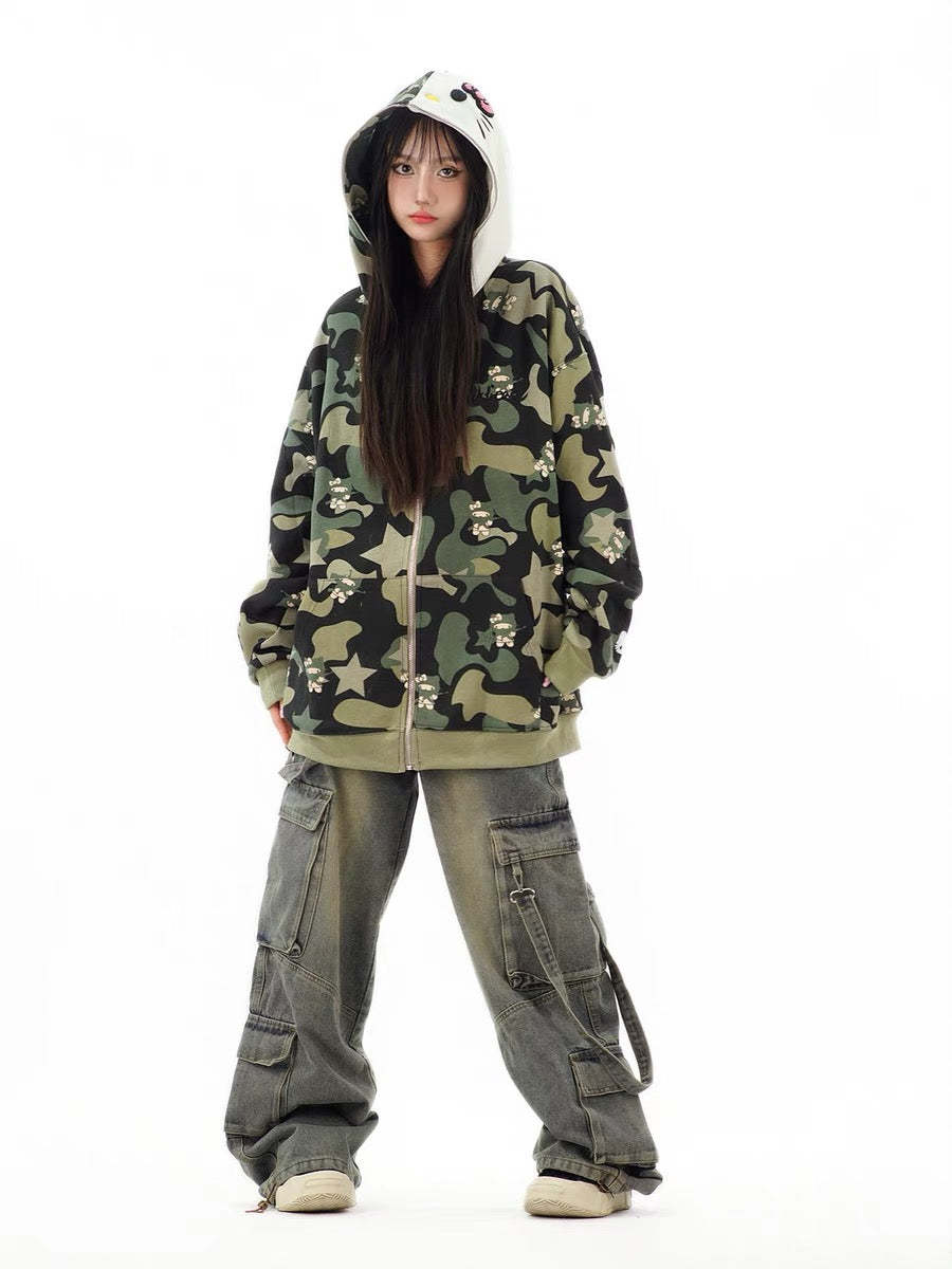 Hellokitty Camouflage Hoodies Fall Jacket Oversized Sweatshirts Casual Drawstring Zip Up Y2K Hoodie with Pocket