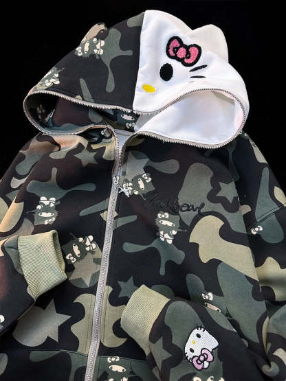 Hellokitty Camouflage Hoodies Fall Jacket Oversized Sweatshirts Casual Drawstring Zip Up Y2K Hoodie with Pocket