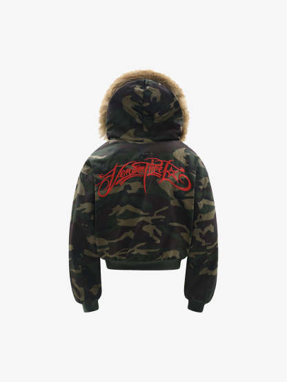 Embroidered Detachable Fur Hooded Jacket