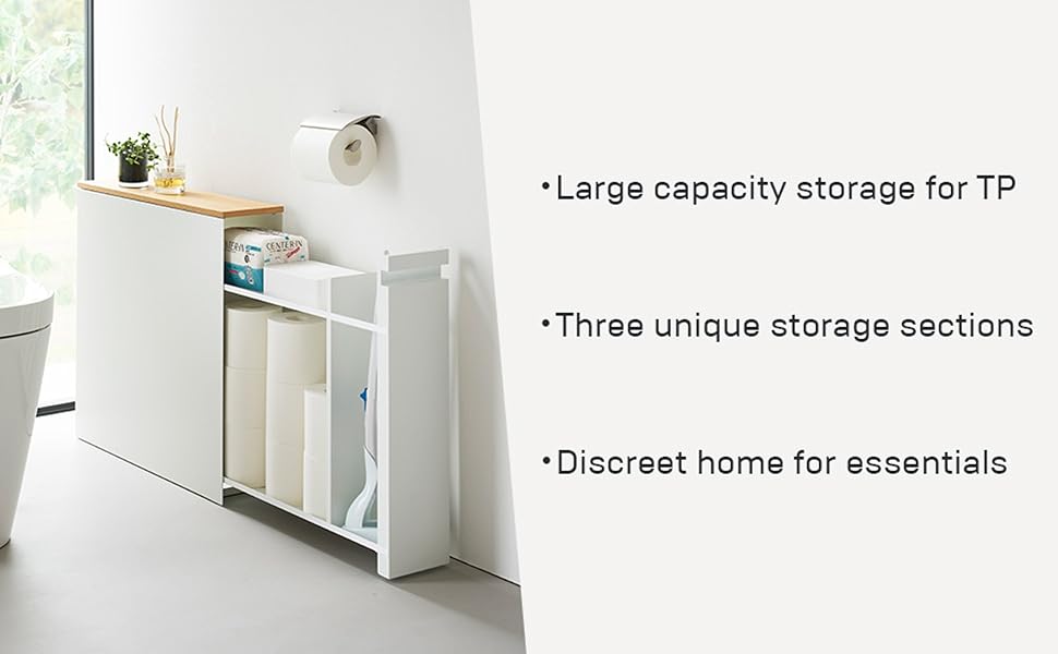 Pull-Out Bathroom Storage Cabinet displayed in a modern home featuring three bullet points.