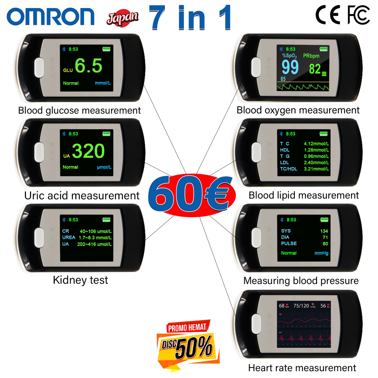 2025 NOVINKA 🔥 OMRON Bezbolestný glukomer + Pulzný oxymeter 🩸 Presné meranie bez ihiel