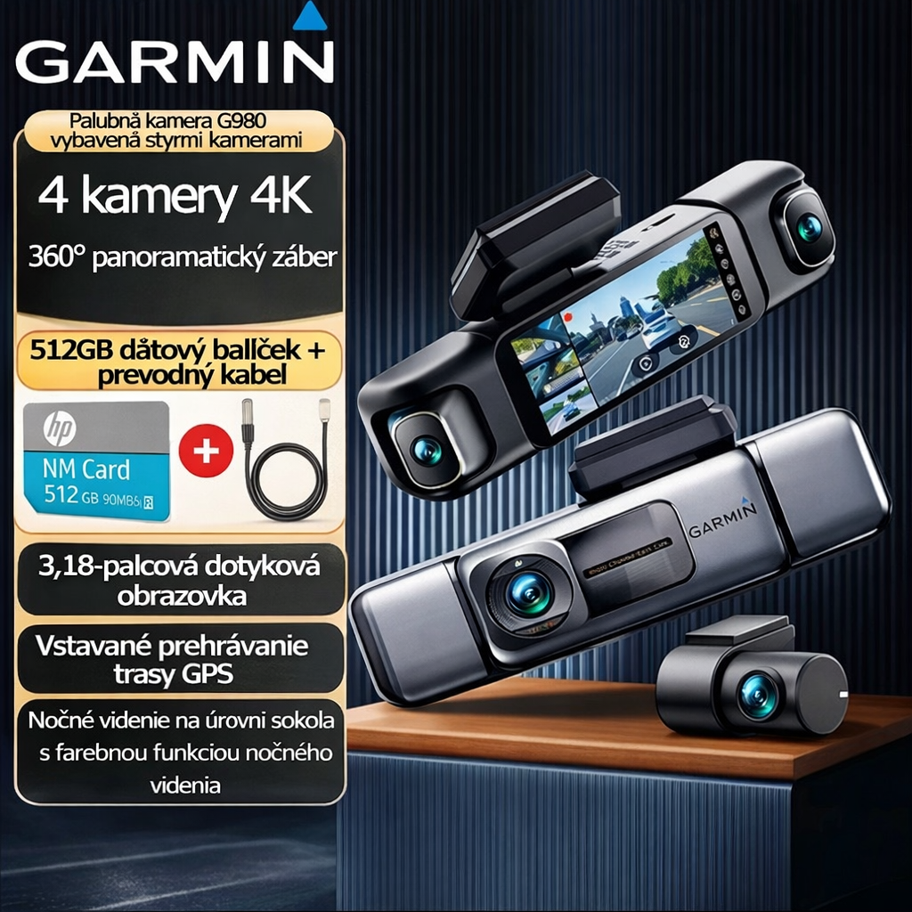 Inteligentná palubná kamera Garmin G980 je vybavená umelou inteligenciou a hlasovým ovládaním a štyrmi kamerami, ktoré podporujú 360° panoramatické snímanie, nočné videnie s ultra vysokým rozlíšením 4K a sledovanie polohy GPS.