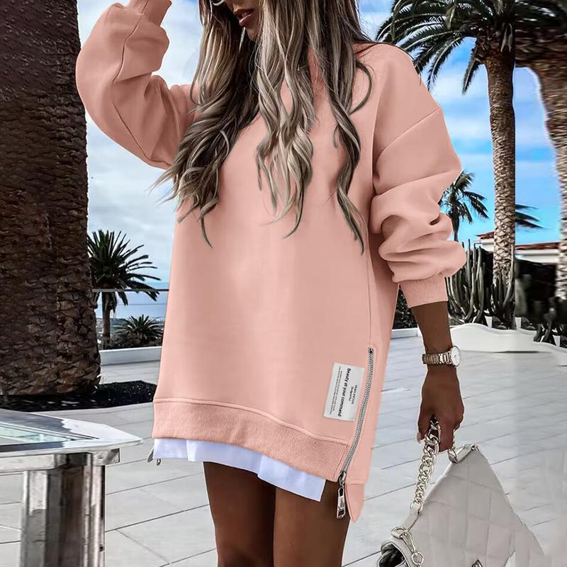 ChicMe 2025 Womens Long Sleeve Pullover Sweatshirt Zipper Slit Casual Dress Drop Shoulder Oversized Outfits