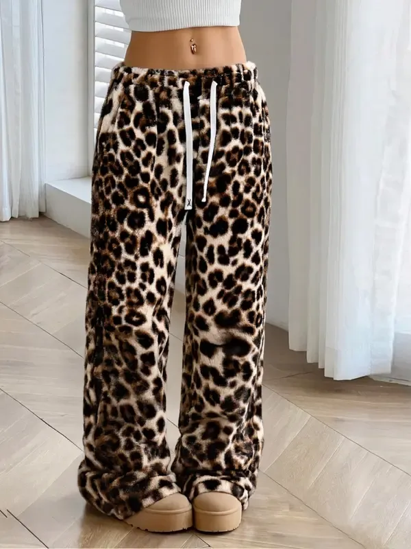 Ns Style Fashion Striped Leopard Print Loose Home Pants, Elastic Waist Knit Sporty Long Pants, Casual Fitted Design for All Seasons