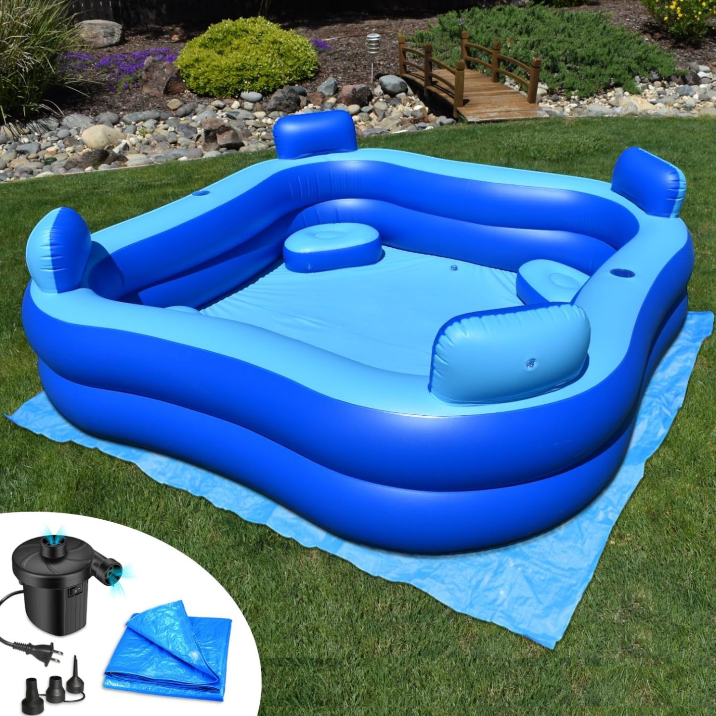 Rukala Inflatable Pool Bundle - 10ft x 6ft - Electric Pump and Ground Tarp Included - Fast Setup and Reinforced Seams