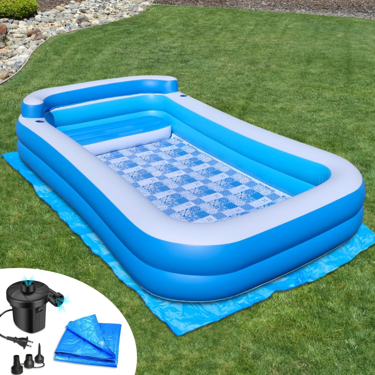 Rukala Inflatable Pool Bundle - 10ft x 6ft - Electric Pump and Ground Tarp Included - Fast Setup and Reinforced Seams