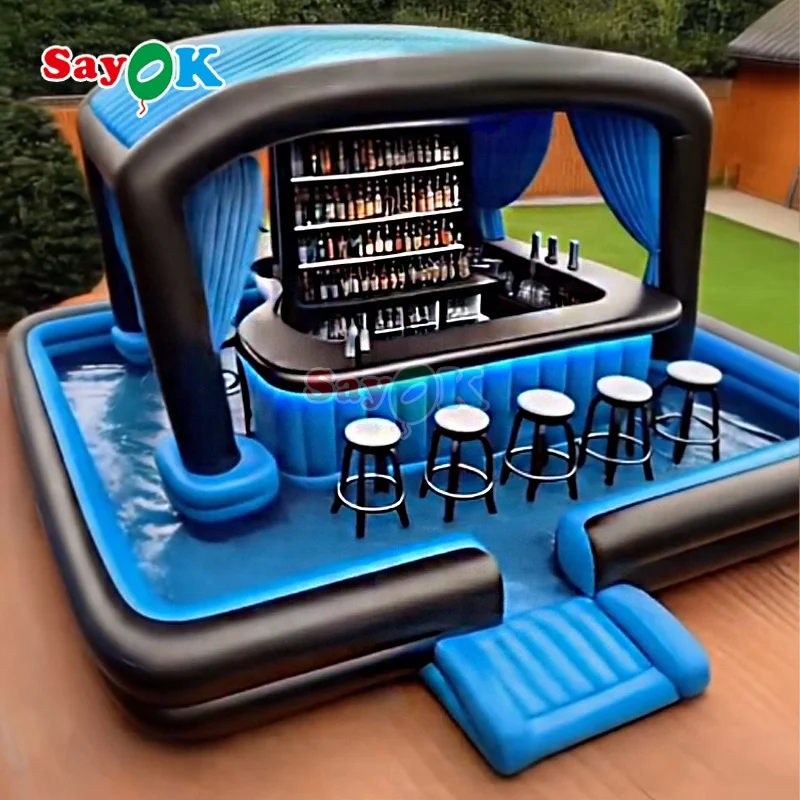 Sayok Customized 8 Meters Blue Portable Backyard Parties Pub Inflatable PVC Pool Bar for Adults