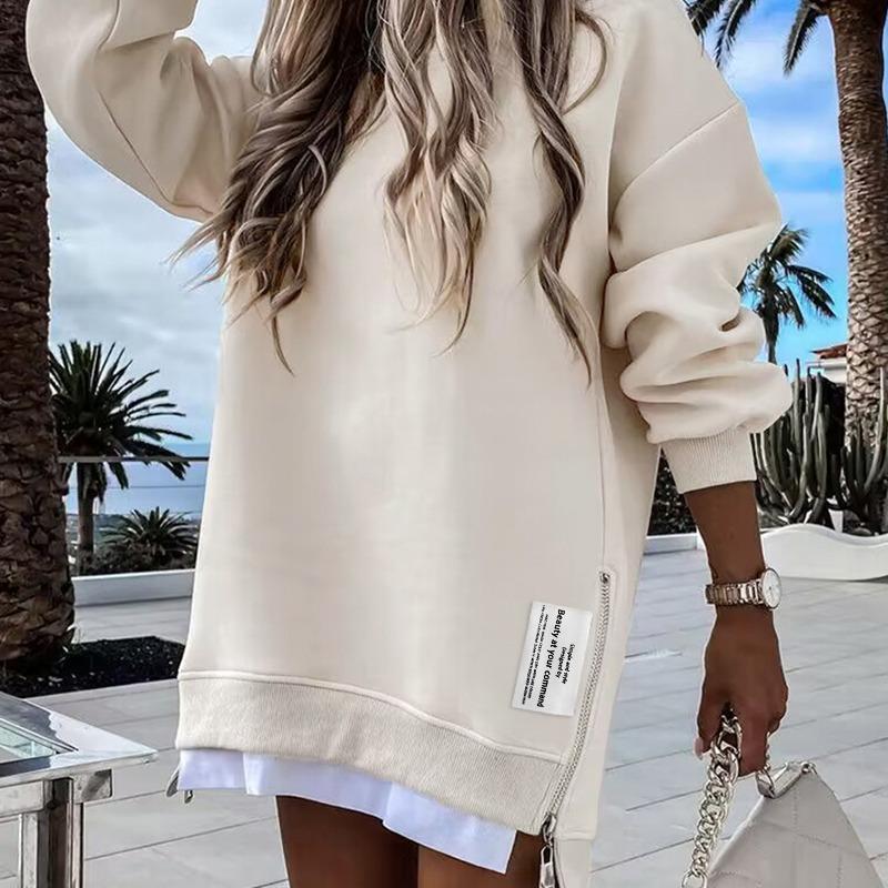 ChicMe 2025 Womens Long Sleeve Pullover Sweatshirt Zipper Slit Casual Dress Drop Shoulder Oversized Outfits