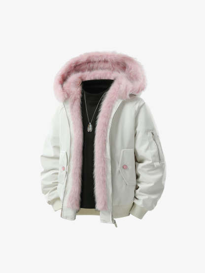 Retro Contrast Fur Collar Quilted Cotton Bomber Jacket