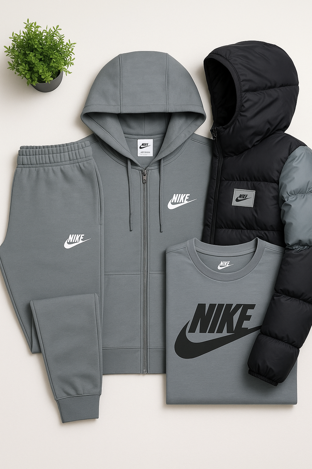 Men’s Complete Set – Fleece Tracksuit + Logo T-Shirt + Winter Puffer Jacket