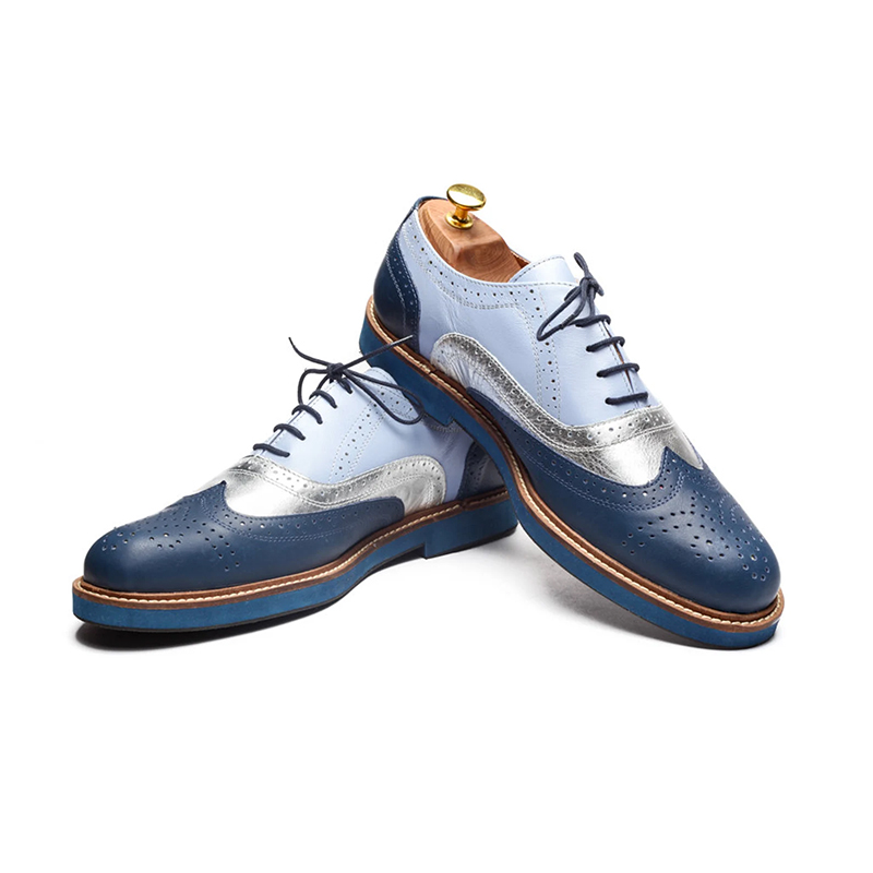 Blue And Silver Leather Oxford Shoes