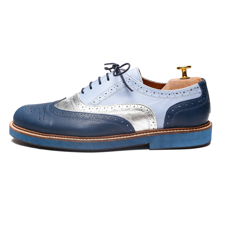 Blue And Silver Leather Oxford Shoes