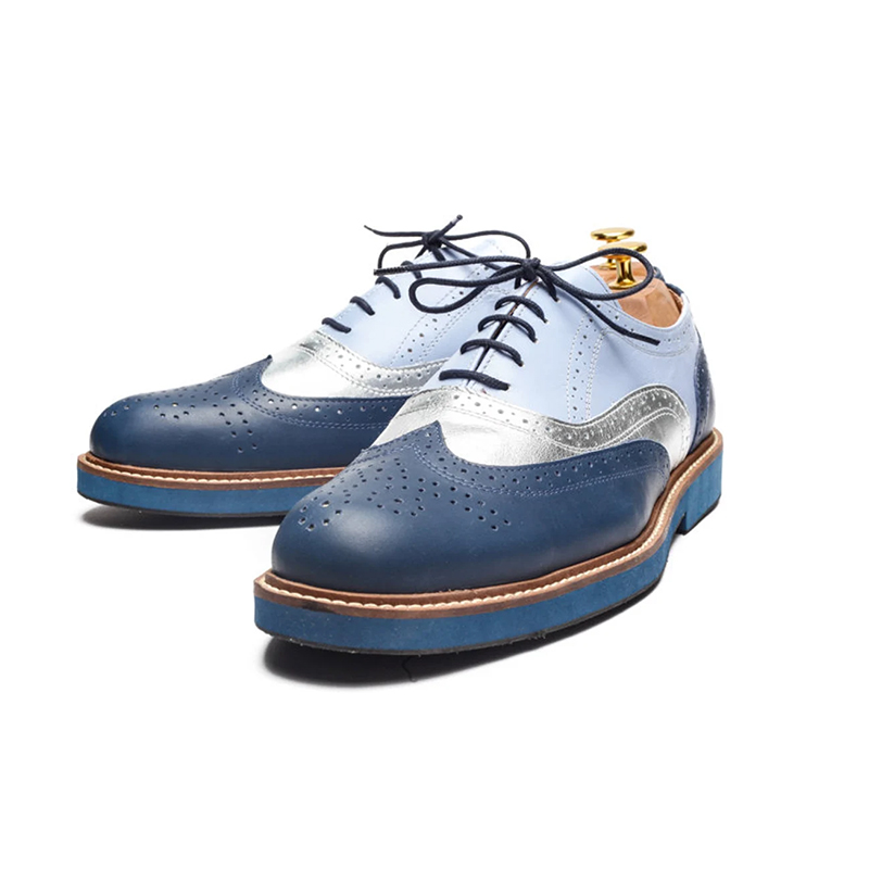 Blue And Silver Leather Oxford Shoes