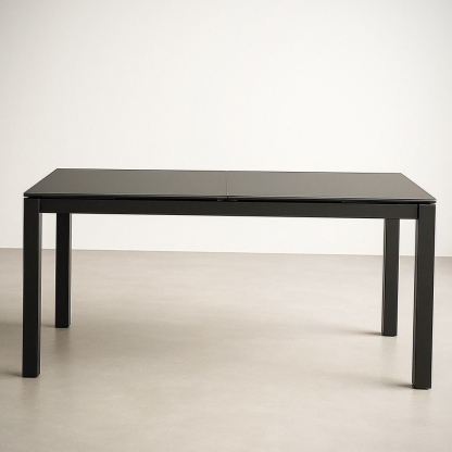 Table à manger rectangulaire extensible en verre trempé noir et acier, 160/220x90x75 cm