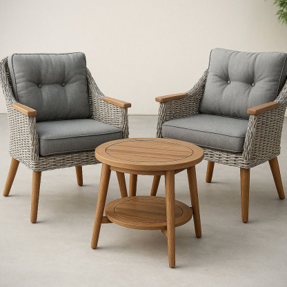 Ensemble de meubles d'extérieur 3 pièces en résine tressée et bois avec coussins en polyester gris