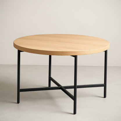 Table Basse Ronde en Bois et Métal, Naturel, Diamètre 90 cm, Hauteur 45 cm