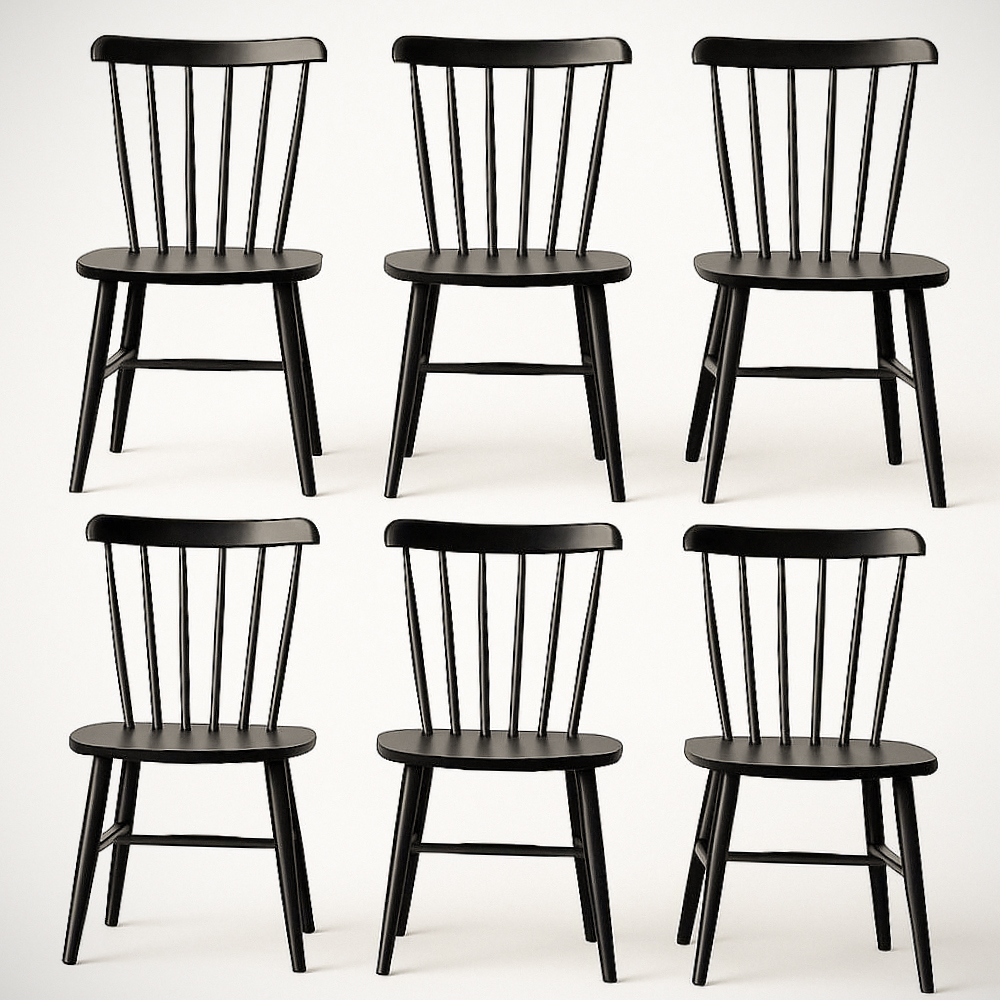 Lot de 6 Chaises en Bois Noir avec Dossier à Barreaux, 43cm x 50cm x 85cm