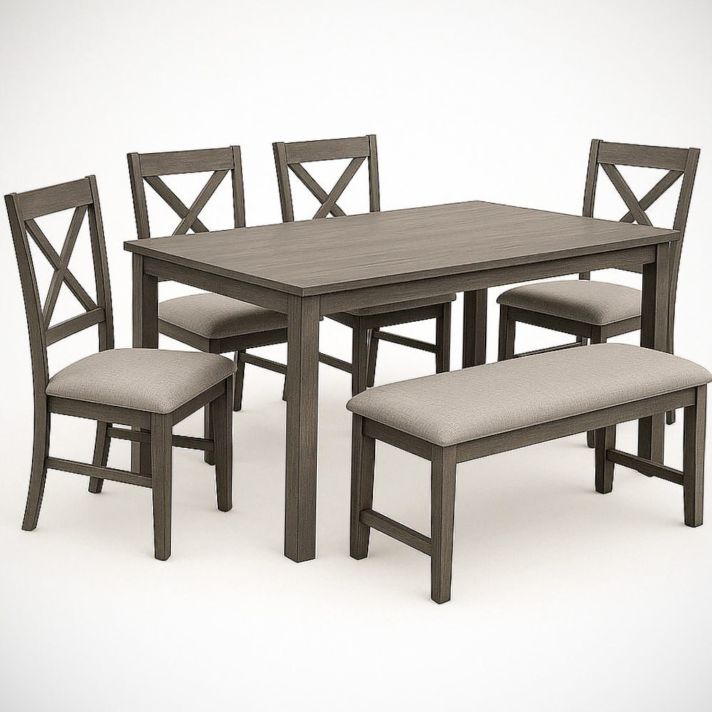 Ensemble de Salle à Manger 6 Pièces Rectangulaire en Bois et Tissu Gris Clair