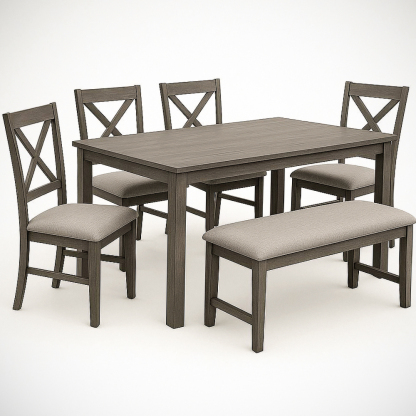 Ensemble de Salle à Manger 6 Pièces Rectangulaire en Bois et Tissu Gris Clair