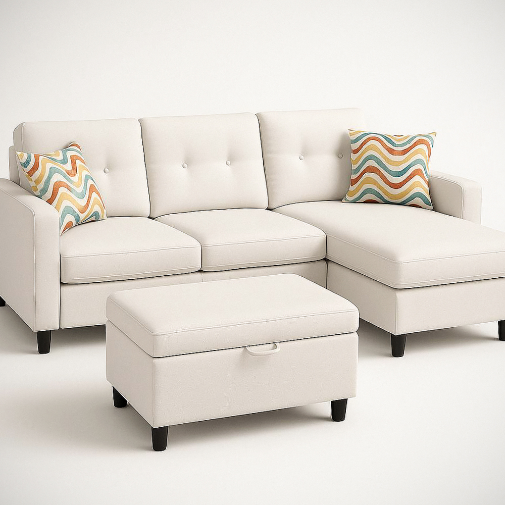 Canapé d'angle en tissu polyester blanc avec pouf de rangement et coussins décoratifs