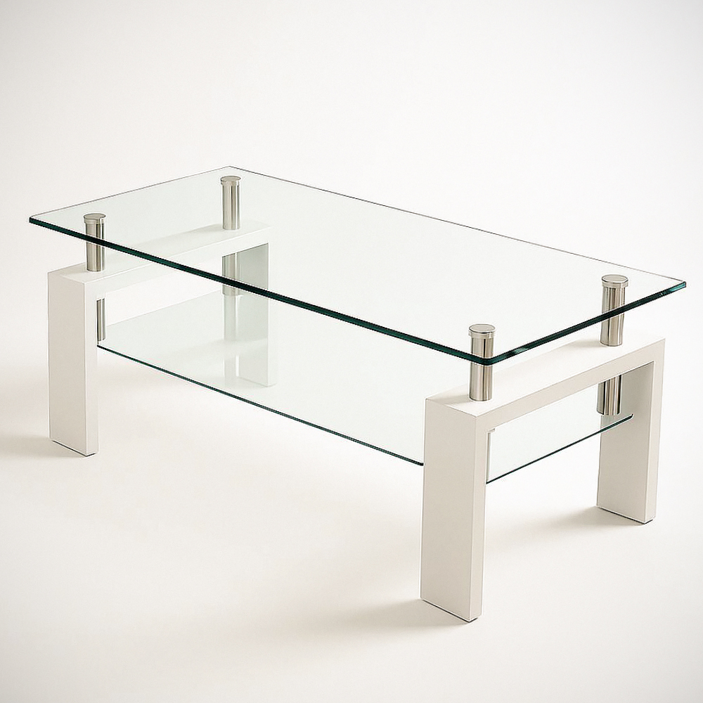 Table basse rectangulaire en verre trempé transparent 110x60x45 cm