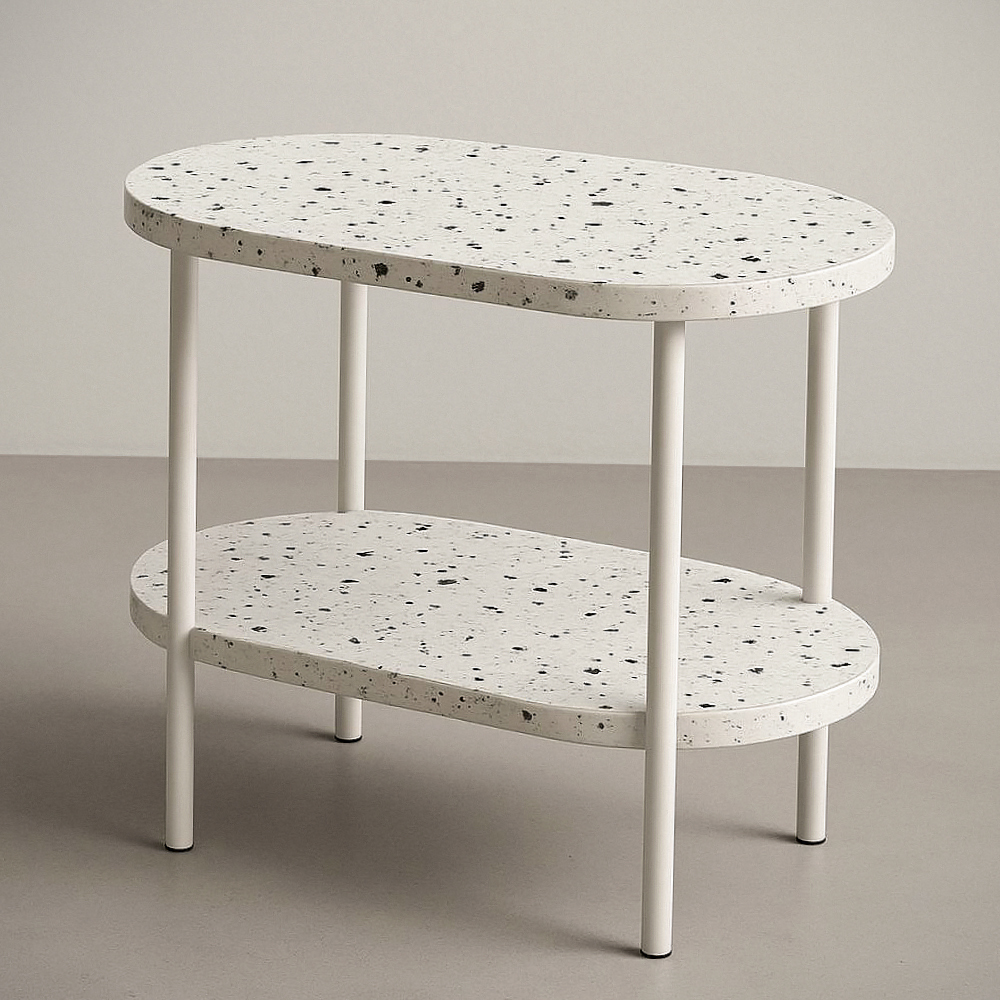Table basse ovale en terrazzo blanc à deux niveaux