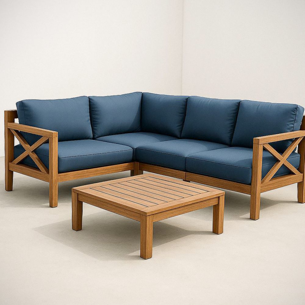 Ensemble Canapé d'Angle Extérieur en Bois massif avec Coussins Tissu Bleu et Table Basse 3 Pièces