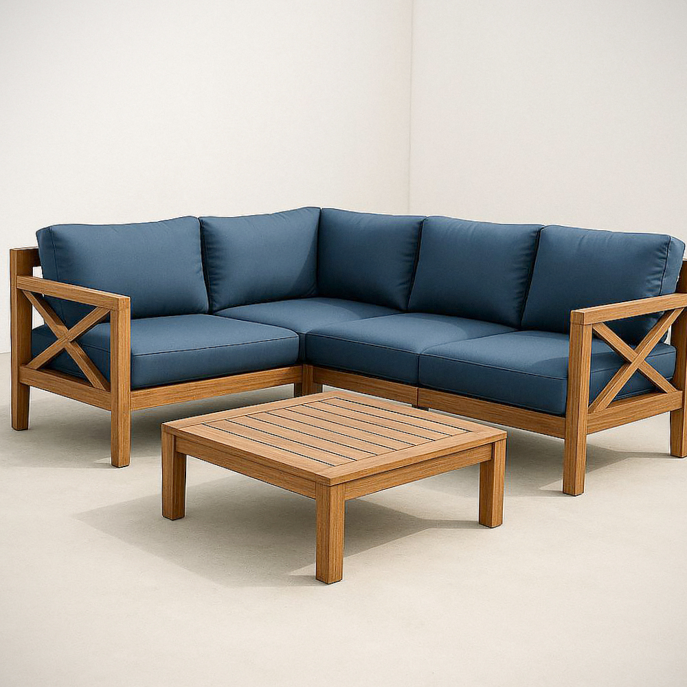 Ensemble Canapé d'Angle Extérieur en Bois massif avec Coussins Tissu Bleu et Table Basse 3 Pièces