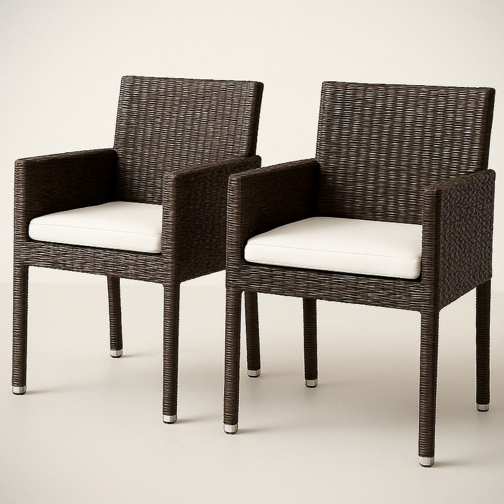 Lot de 2 chaises de jardin en résine tressée marron avec coussin blanc, 54x60x87 cm