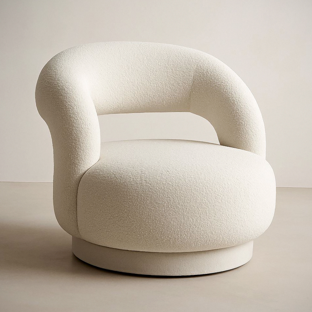 Fauteuil pivotant bouclé ivoire tissu polyester structure bois massif rotation 360°