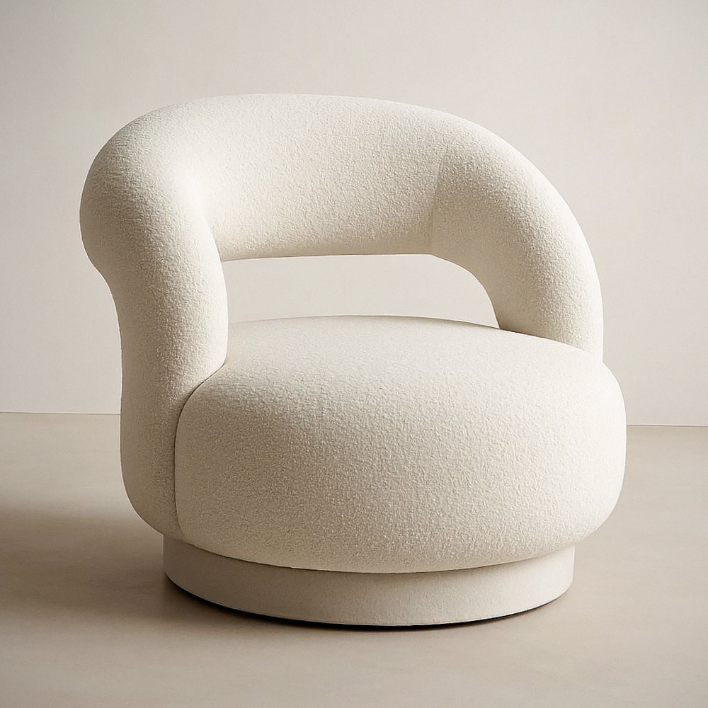 Fauteuil pivotant bouclé ivoire tissu polyester structure bois massif rotation 360°