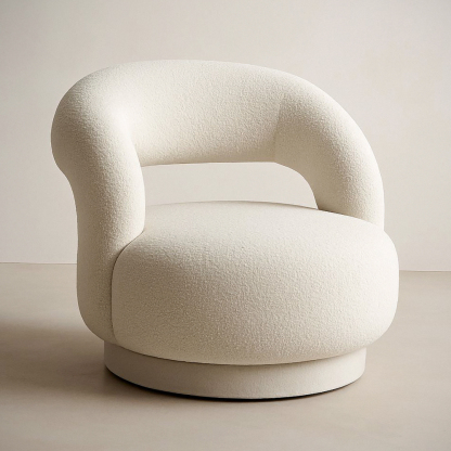 Fauteuil pivotant bouclé ivoire tissu polyester structure bois massif rotation 360°