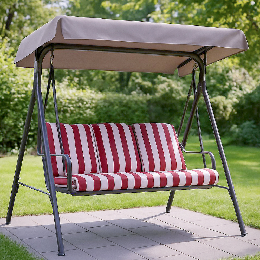 Balancelle d'extérieur 3 places en acier avec coussins rayés rouge/blanc et auvent ajustable