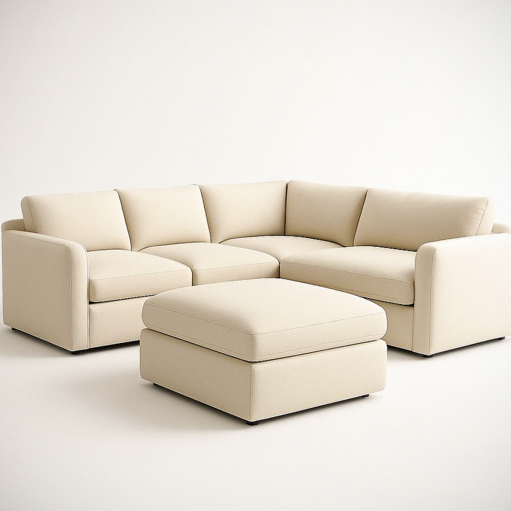 Canapé d'Angle Modulable en Tissu Beige avec Pouf - 5 Pièces