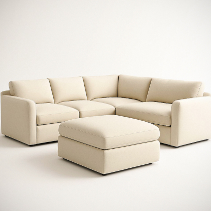 Canapé d'Angle Modulable en Tissu Beige avec Pouf - 5 Pièces