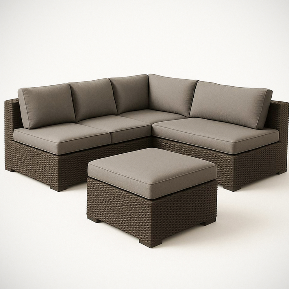 Ensemble de Salon de Jardin en Résine Tressée Marron avec Coussins en Polyester Gris 4 Pièces