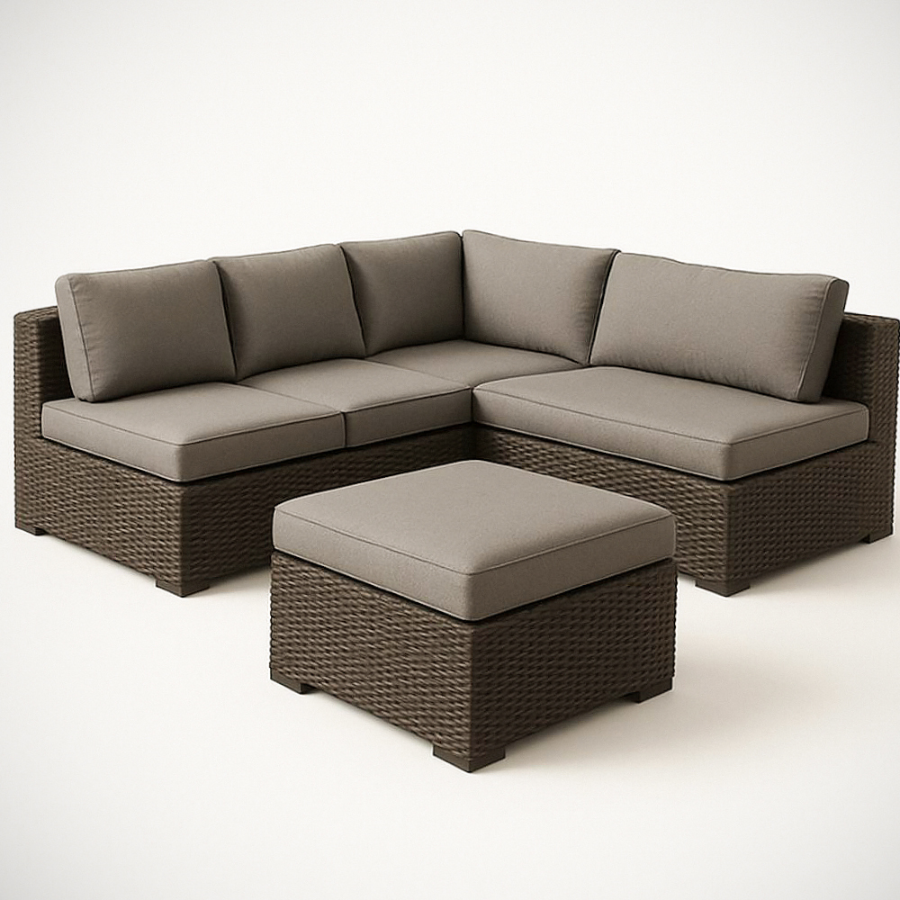 Ensemble de Salon de Jardin en Résine Tressée Marron avec Coussins en Polyester Gris 4 Pièces