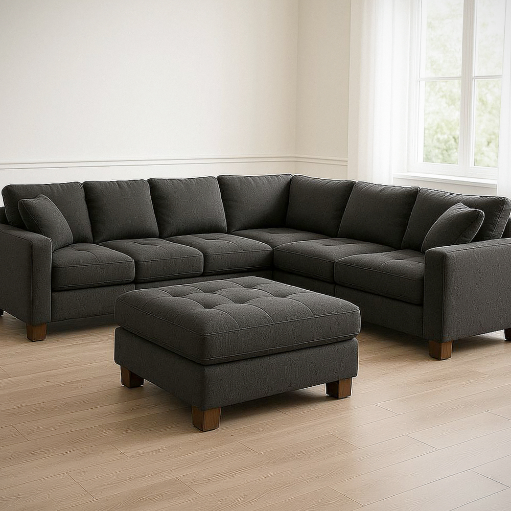 Ensemble canapé d'angle avec ottoman 5 pièces en tissu polyester gris foncé avec pieds en bois