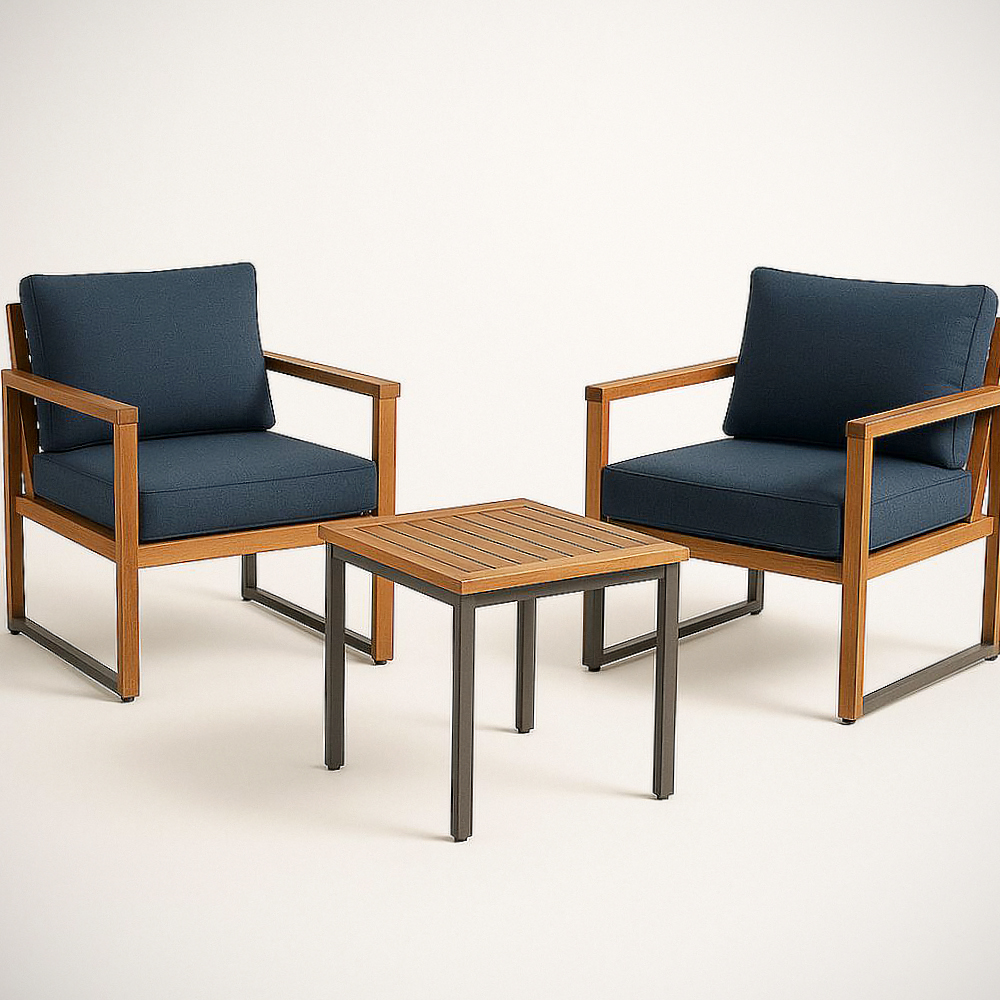 Ensemble de mobilier de jardin 3 pièces Acier Bois massif Polyester Bleu Table et Fauteuils