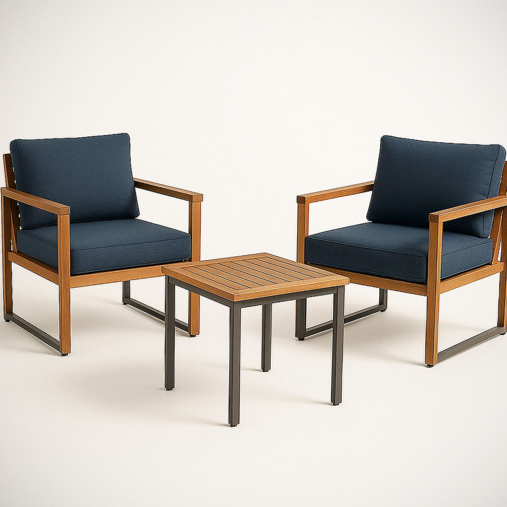 Ensemble de mobilier de jardin 3 pièces Acier Bois massif Polyester Bleu Table et Fauteuils