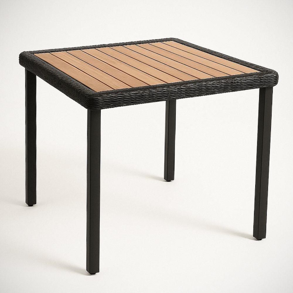 Table de jardin carrée en aluminium noir et résine tressée noire avec plateau en lattes de bois