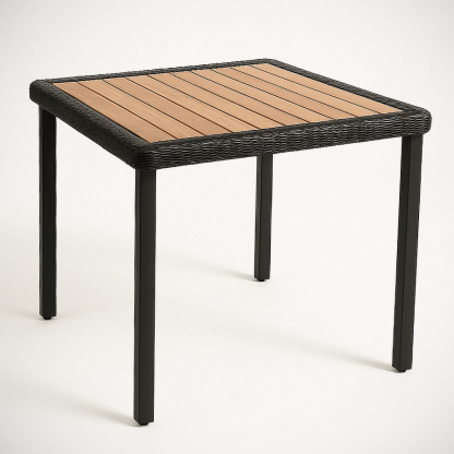 Table de jardin carrée en aluminium noir et résine tressée noire avec plateau en lattes de bois