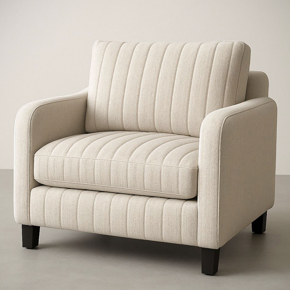 Fauteuil en Tissu Lin Beige Design Moderne avec Accoudoirs et Pieds en Bois 91cm x 91cm x 84cm