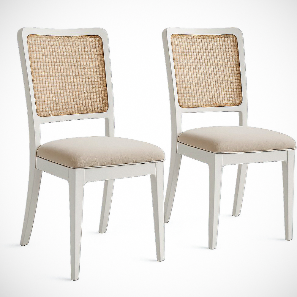Lot de 2 chaises salle à manger bois blanc/beige assise rembourrée