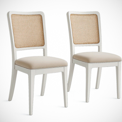 Lot de 2 chaises salle à manger bois blanc/beige assise rembourrée