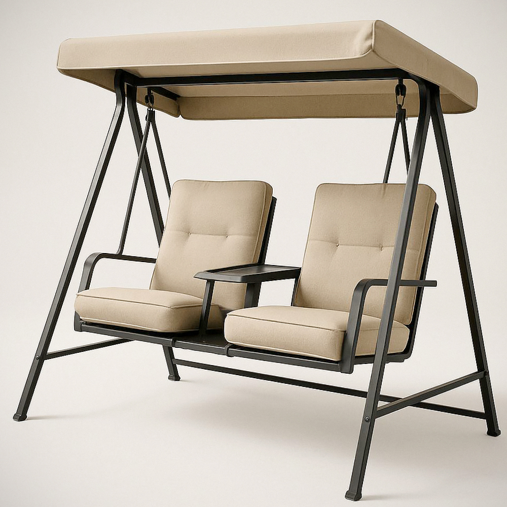 Balancelle extérieure en acier et tissu beige avec auvent et table centrale