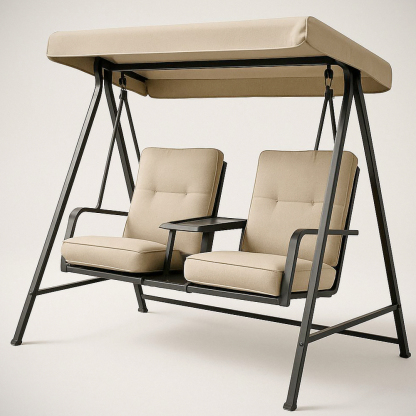 Balancelle extérieure en acier et tissu beige avec auvent et table centrale