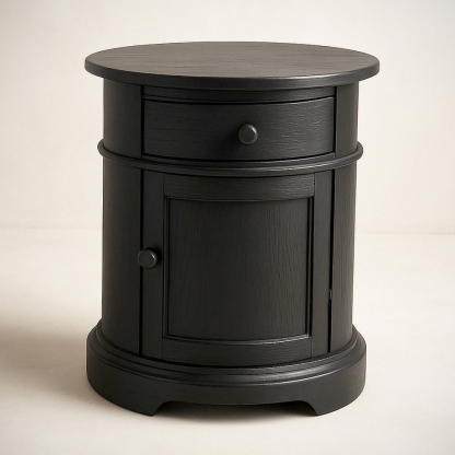 Table de Chevet Ronde Bois massif Noir avec 1 Tiroir et 1 Porte