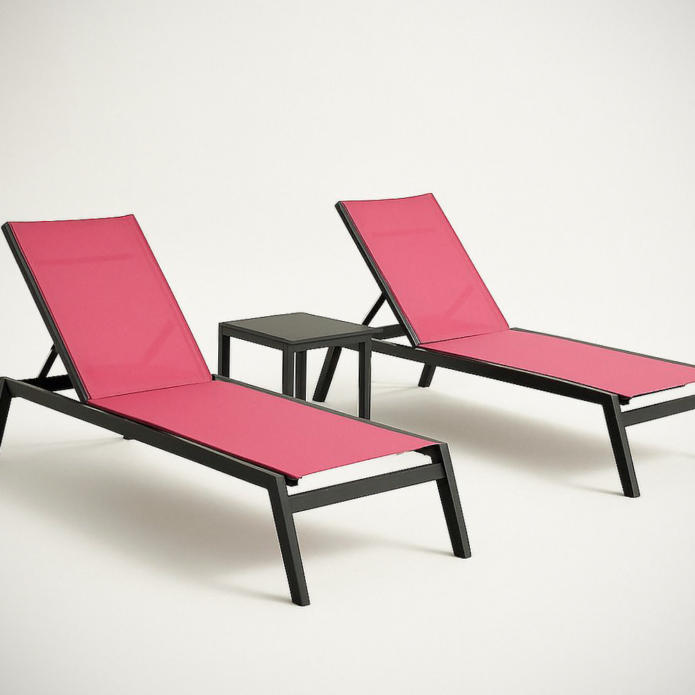 Chaise Longue Ensemble 3 Pièces en Aluminium/Résine Rose/Noir