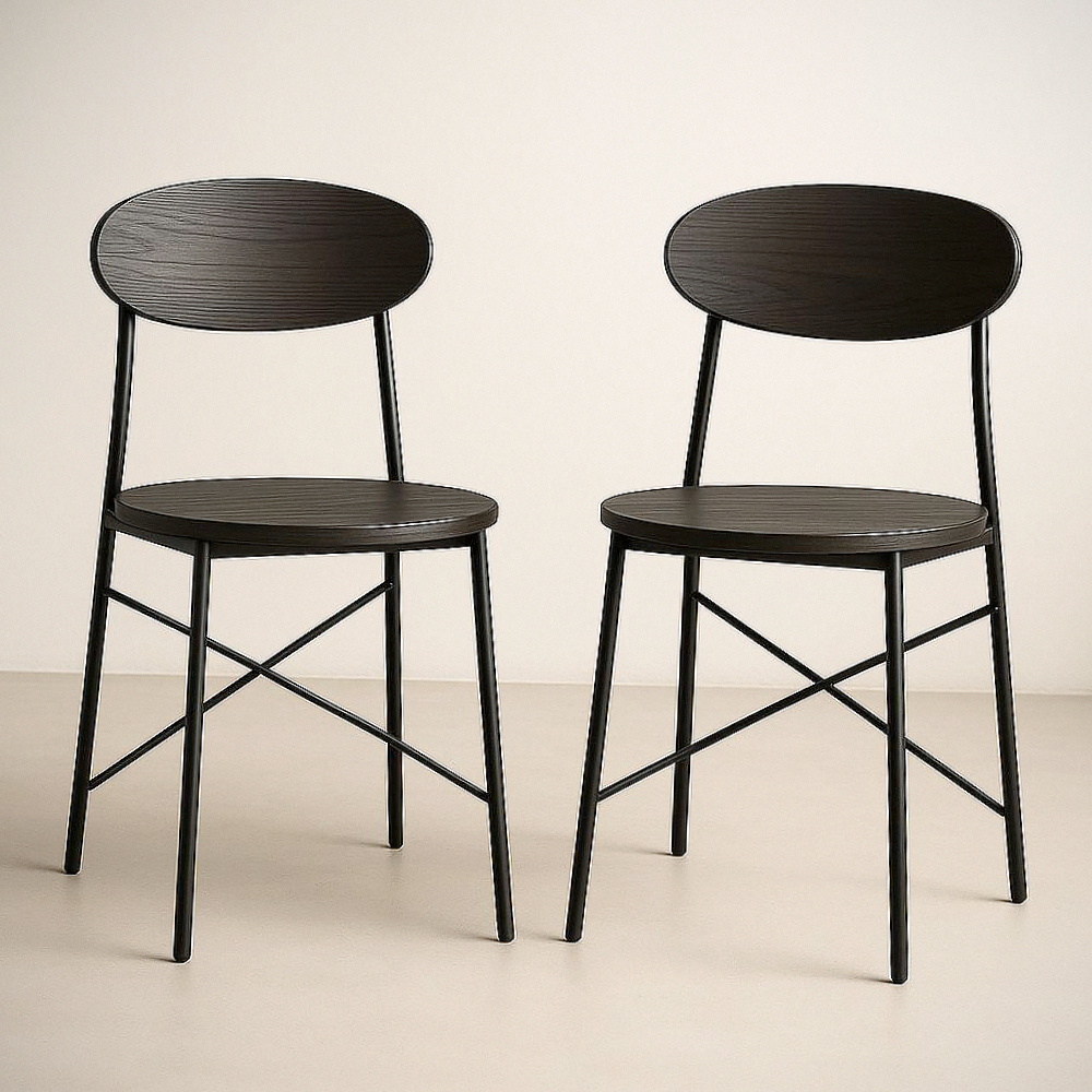 Chaise en Set de 2 Bois et Acier Noir 82x45x50 cm